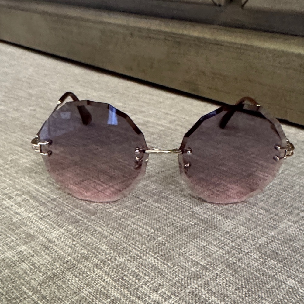 Women's Sunglasses Oversized Rimless Round Diamond Cut Transparent Lens w/ case